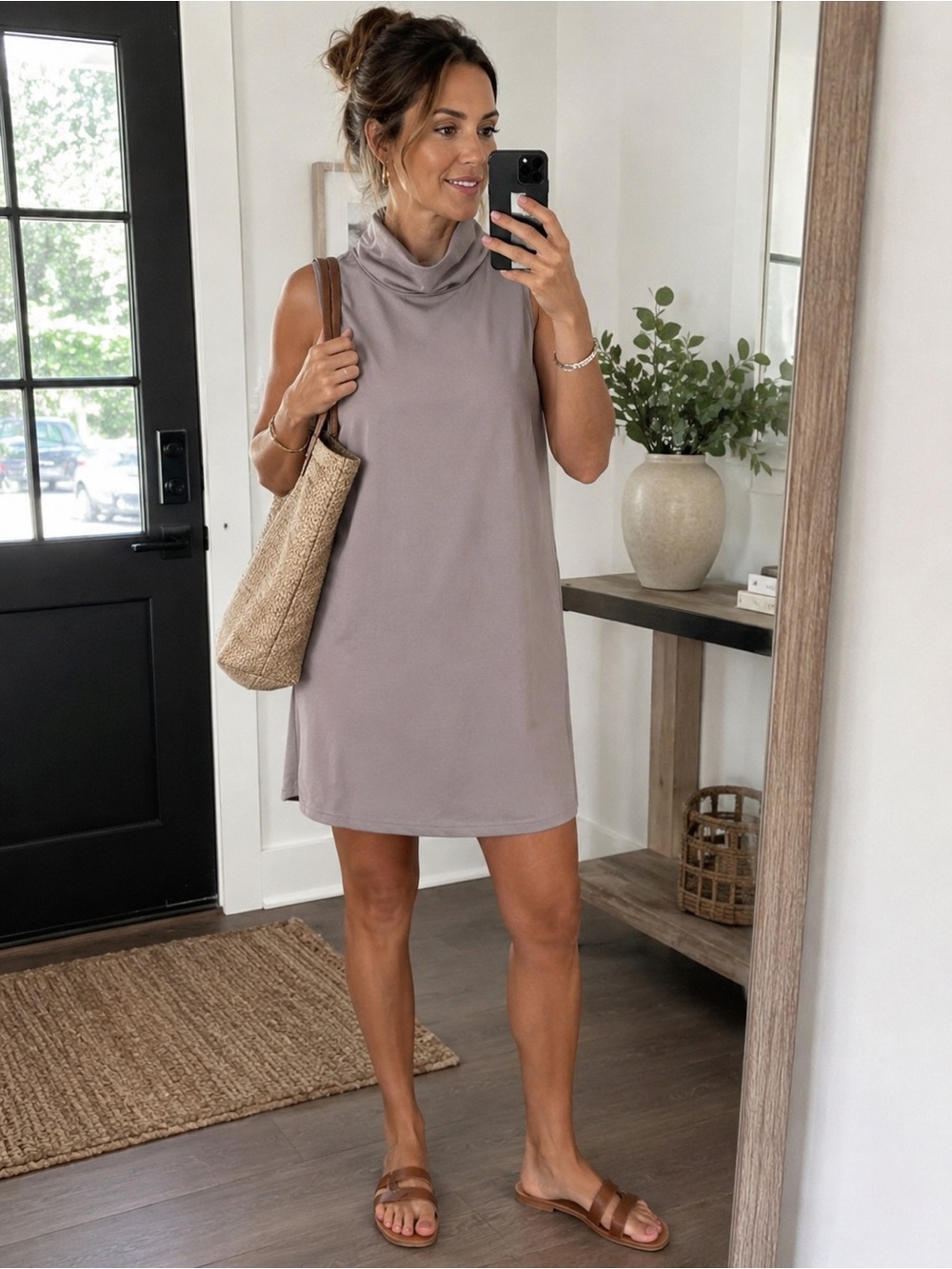 Sheilay Taupe Gray Sleeveless Cowl Neck Shift Dress US S-M